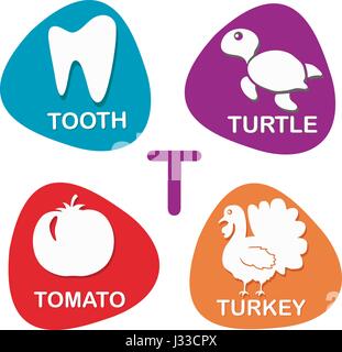 Niedliche Alphabet in Vektor. T-Brief für Zahn, Schildkröte, Tomate und der Türkei. Stock Vektor