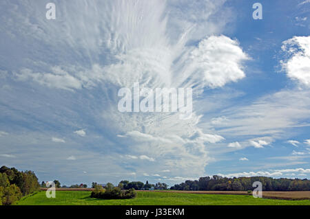 Tails und Makrele windgepeitschten Stute Skalen Cirrus und Altocumulus Wolken über Wisconsin Ackerland Stockfoto