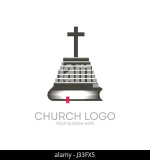 Logo der Kirche. Christliche Symbole. Bibel Heilige Schrift - führt eine Treppe zur Erkenntnis des Herrn und Erlösers Jesus Christus. Stock Vektor