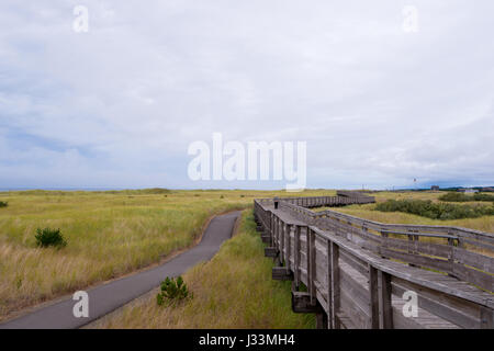 Lange Holzsteg von der Promenade und Holzgeländer erstreckt sich entlang der Pazifikküste, der Strand ist bewachsen mit hohe Gräser auf den Sanddünen. Stockfoto