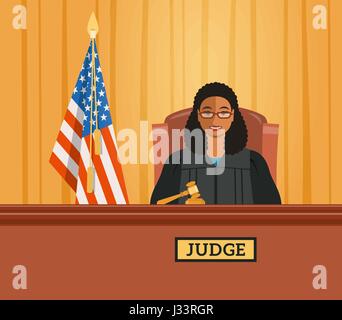 Richter Schwarz Frau im Gerichtssaal am Tribunal mit Hammer und amerikanische Flagge. Gerichtliche Cartoon Hintergrund. Zivil-und Strafsachen öffentliche Gerichtsverhandlung. Vektor-fl Stock Vektor
