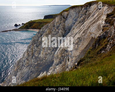 Zerfallende Kreide Klippen und Felsen Gesicht von South West Coast Path zwischen Worbarrow Bay, arisch Mell und Mupe Bay an der Jurassic Coast, Dorset UK Stockfoto