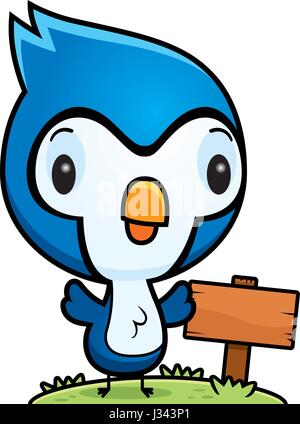 Ein Cartoon Illustration ein Baby Blue Jay mit einem Holzschild Post. Stock Vektor