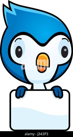 Ein Cartoon Illustration ein Baby Blue Jay mit einem leeren Zeichen. Stock Vektor