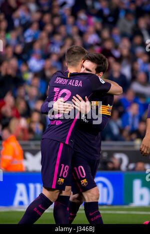 BARCELONA - APR-29: Barcelona-Spieler feiern ein Ziel bei der La Liga-Match zwischen RCD Espanyol Barcelona und dem FC Barcelona. Stockfoto