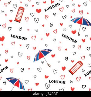 Reisen London City nahtlose Muster mit Liebe Herzen und Regenschirm. Britische Wahrzeichen Tapete. Europäische Ferienhäuser Hintergrund Stock Vektor
