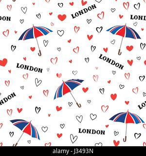 Reisen London nahtlose Muster mit Liebe Herzen und Regenschirm. Britische Mode Tapete. Europäische Ferienhäuser Hintergrund Stock Vektor