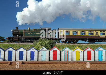 Dampf-Zug und Strand Hütten am Goodrington Paignton England Stockfoto