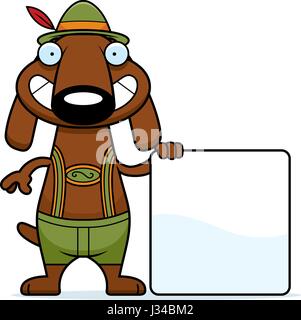 Eine Karikatur Illustration eines Dackels in Lederhosen mit einem Schild. Stock Vektor
