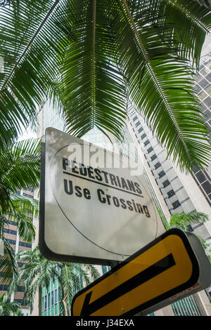 Fußgänger überqueren Straßenschild aus Botton zur Draufsicht Palm Tree und Wolkenkratzer Hintergrund Stockfoto