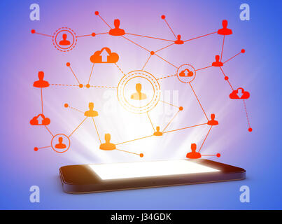Soziale Networking-Technologien von einem Smartphone. Social-Media-Konzept Stockfoto