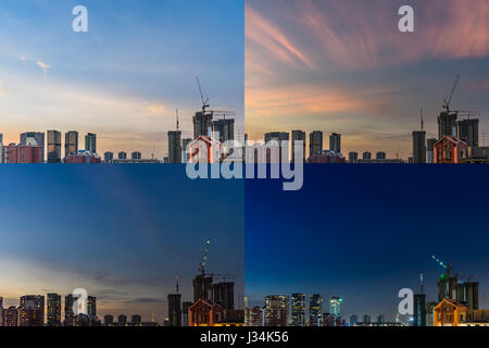4 Momente Sonnenuntergang, Blick auf die Skyline von Downtown Singapur von morgens bis abends mit Wolken, Singapur Asien Stockfoto