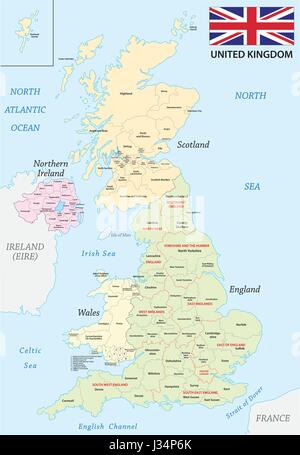Vereinigtes Königreich administrative und politische Karte mit Flagge Stock Vektor