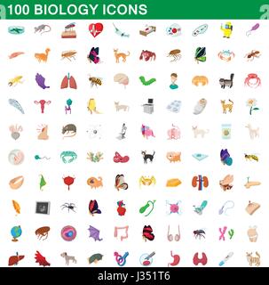 100 Biologie Icons set, cartoon-Stil Stock Vektor