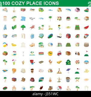100 gemütlichen Ort Icons set, cartoon-Stil Stock Vektor