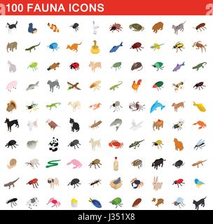 100 Fauna Icons Set, isometrischen 3d Stil Stock Vektor