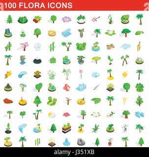 100 Flora Icons Set, isometrischen 3d Stil Stock Vektor