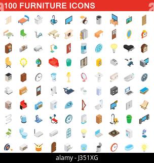 100 Symbole Möbelset, isometrischen 3d Stil Stock Vektor