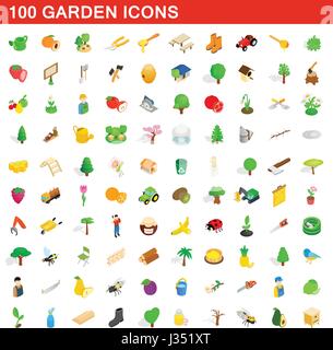 100 Garten Icons Set, isometrischen 3d Stil Stock Vektor