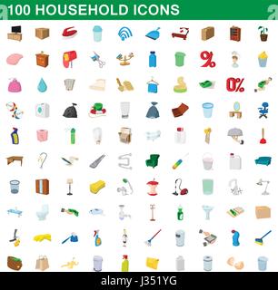 100 Haushalte Icons Set, Cartoon-Stil Stock Vektor