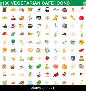 100 vegetarische Café Icons set, cartoon-Stil Stock Vektor