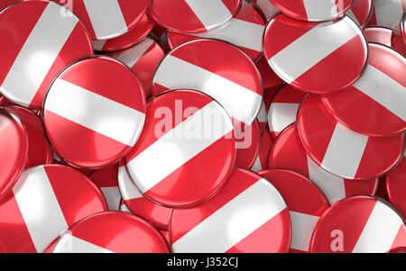 Österreich-Abzeichen Hintergrund - Haufen österreichische Flagge Buttons. 3D-Rendering Stockfoto