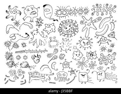Reihe von Vector Doodle Bakterien Keime oder Cartoon Monster. Handgezeichnete Viren Sammlung Isolated on White Background Stock Vektor