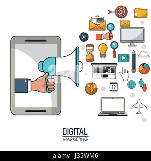 Hand mit Lautsprecher Smartphone digitale marketing-Media-Strategie Stock Vektor