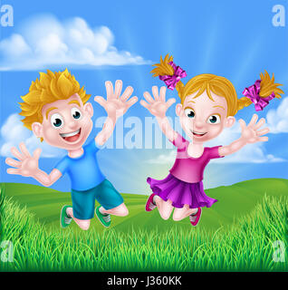 Glücklich Cartoon junge junge und Mädchen Kinder springen vor Freude im Freien in einem Feld. Stockfoto