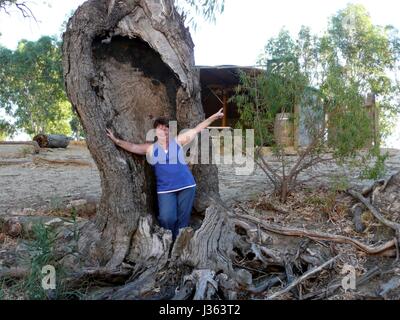 Frauen stehen in einem hohlen Baum Flasche Stockfoto