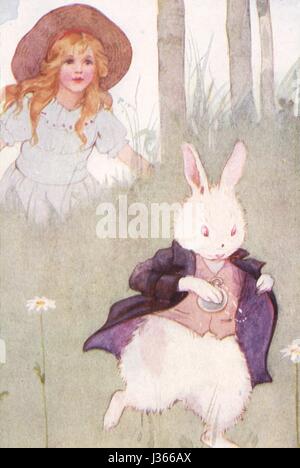 Illustration von Margaret Tarrant Alice in Wonderland von Lewis Carroll London, Ward Lock, 1916.    Alice das weiße Kaninchen zu jagen. Stockfoto