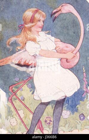 Illustration von Margaret Tarrant Alice in Wonderland von Lewis Carroll London, Ward Lock, 1916.    Alice und der rosa Flamingo. Stockfoto