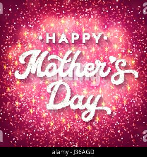 Muttertag Karte mit weichen Bokeh verschwimmt Herzen, glitter Textur Konfetti und funkelt. Handgezeichneten Schriftzug Plakat mit kalligrafischen Schrift auf rosa Hintergrund. Font Vector Illustration. Stock Vektor