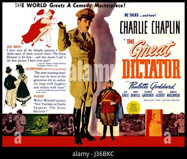 Der große Diktator-Jahr: 1940 USA Regie: Charles Chaplin Film-Poster (USA).  Es ist verboten, das Foto aus dem Kontext der Promotion des Films zu reproduzieren. Es muss die Filmgesellschaft und/oder der Fotograf von zugewiesen oder von autorisierten / erlaubt am Set von der Filmgesellschaft gutgeschrieben werden. Nur für redaktionelle Nutzung. Photo12 gewährt keine Persönlichkeitsrechte der Personen vertreten. Stockfoto