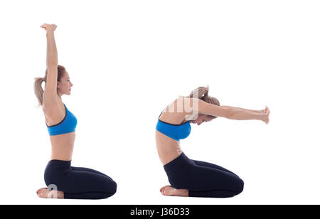 Stretching Pose mit einem professionellen Trainer ausgeführt. Stockfoto