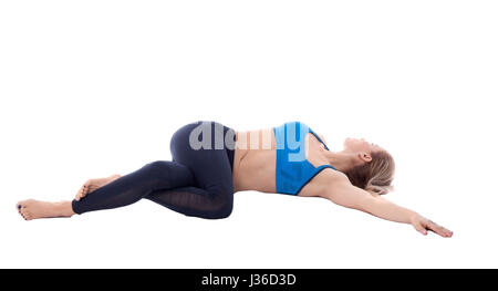 Stretching Pose mit einem professionellen Trainer ausgeführt. Stockfoto