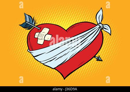 verwundete Liebe Rot Herz mit Amor-Pfeil. Pop-Art-Retro-Vektor-illustration Stock Vektor