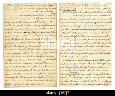 Antike c1860 Hand geschriebenen Predigt von einem Reisenden Prediger. Auf der linken Seite zieht aus 1. Petrus 5:7 ' Casting alle eure Sorge auf ihn; denn er für Sie careth. " Auf der rechten Seite zieht aus Sprüche 23:7 "für wie er in seinem Herzen denkt, so ist er: Essen und trinken, spricht er zu dir; aber sein Herz ist nicht mit dir. " Die linke obere Ecke auf jeder führt eine Gruppe von Städten (Up & Down East Coast USA, Halifax, Kanada), wo die Predigt in den 1850er und 1860er Jahren gelesen wurde. Stockfoto