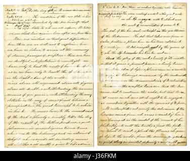 Antike c1860 Hand geschriebenen Predigt von einem Reisenden Prediger. Auf der linken Seite zieht aus 12:25 Mark "für wenn sie von den Toten auferstehen, sie weder heiraten noch in der Ehe erhalten; aber wie die Engel im Himmel sind. " Auf der rechten Seite zieht aus 2. Korinther 6:1 "wir dann, wie Arbeitnehmer mit ihm zusammen, bitte euch auch, dass ihr erhalten nicht die Gnade Gottes vergeblich." Die linke obere Ecke auf jeder führt eine Gruppe von Städten (Up & Down East Coast USA, Halifax, Kanada), wo die Predigt in den 1850er und 1860er Jahren gelesen wurde. Stockfoto