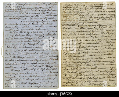 Antike c1860 Hand geschriebenen Predigt von einem Reisenden Prediger. Auf der linken Seite zieht aus Hebräer 11:1 "nun glaube die Substanz der Dinge erhofft ist, was nicht gesehen." Auf der rechten Seite zieht aus Psalm 16:2 "dann nahm ihn und ihn zu einem Treffen der Areopag brachte, wo sie zu ihm sagten:" O meine Seele, du hast gesagt zu dem Herrn, du bist mein Herr: meine Güte umfaßt nicht zu dir; " Die linke obere Ecke auf jeder führt eine Gruppe von Städten (Up & Down East Coast USA, Halifax, Kanada), wo die Predigt in den 1850er und 1860er Jahren gelesen wurde. Stockfoto