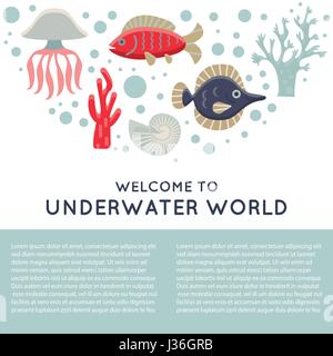 Marine Life Card einfach gruppiert und editierbare Elemente Stock Vektor