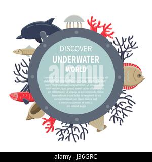 Marine Life Card einfach gruppiert und editierbare Elemente Stock Vektor