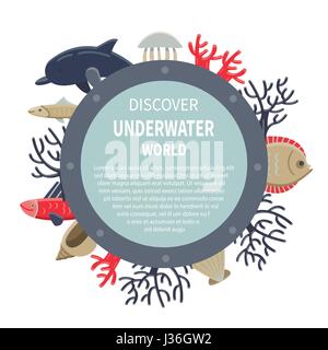 Marine Life Card einfach gruppiert und editierbare Elemente Stock Vektor