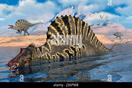 Spinosaurus Dinosaurier Jagd nach Nahrung, während Erden Kreidezeit-Ära, In der heutigen Nordafrika... Stockfoto