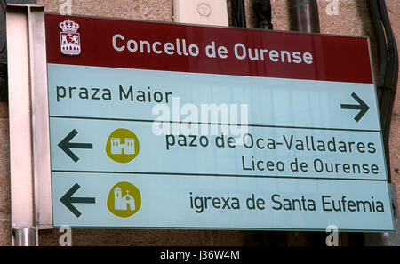 Städtischen Richtungen Anzeichen, Orense, Region Galicien, Spanien, Europa Stockfoto