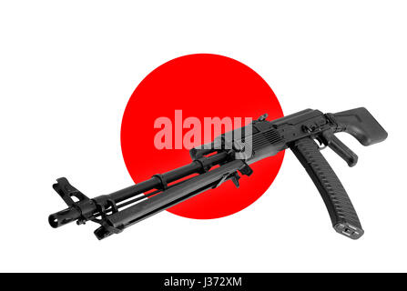 Waffe - eine Nahaufnahme der schwarzen Sturmgewehr der Japan eine Flagge Hintergrund. Stockfoto