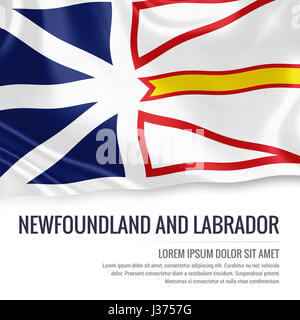 Kanadischen Staat Neufundland und Labrador Fahnenschwingen auf einem isolierten weißen Hintergrund. Staatliche Name und den Textbereich für Ihre Nachricht. Stockfoto