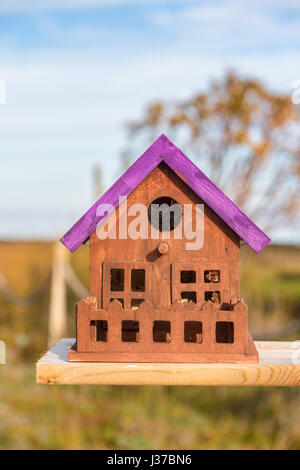 Nahaufnahme des kleinen und bunten Holz-Haus. Illustration für Immobilien oder Bau. Stockfoto