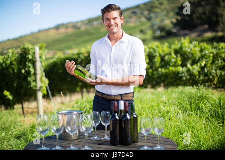 Porträt des jungen Mann, der Weinflasche stehend von Weingläsern und Flaschen auf Tisch am Weinberg Stockfoto