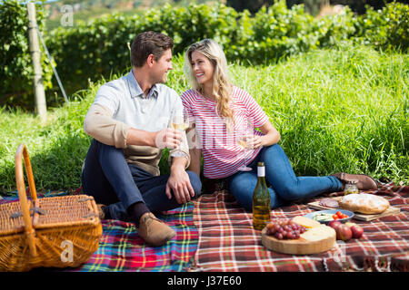 Glückliches Paar Weingläser sitzend auf der Picknickdecke holding Stockfoto